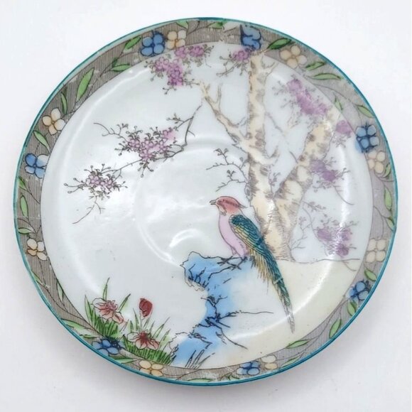 Vintage Japanese Porcelain Cup & Saucer Set MCM Handpainted Bird & Floral Design - Picture 7 of 12